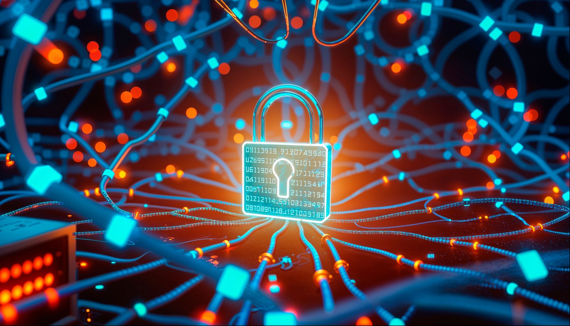 A computer generated image of a padlock surrounded by glowing lights.