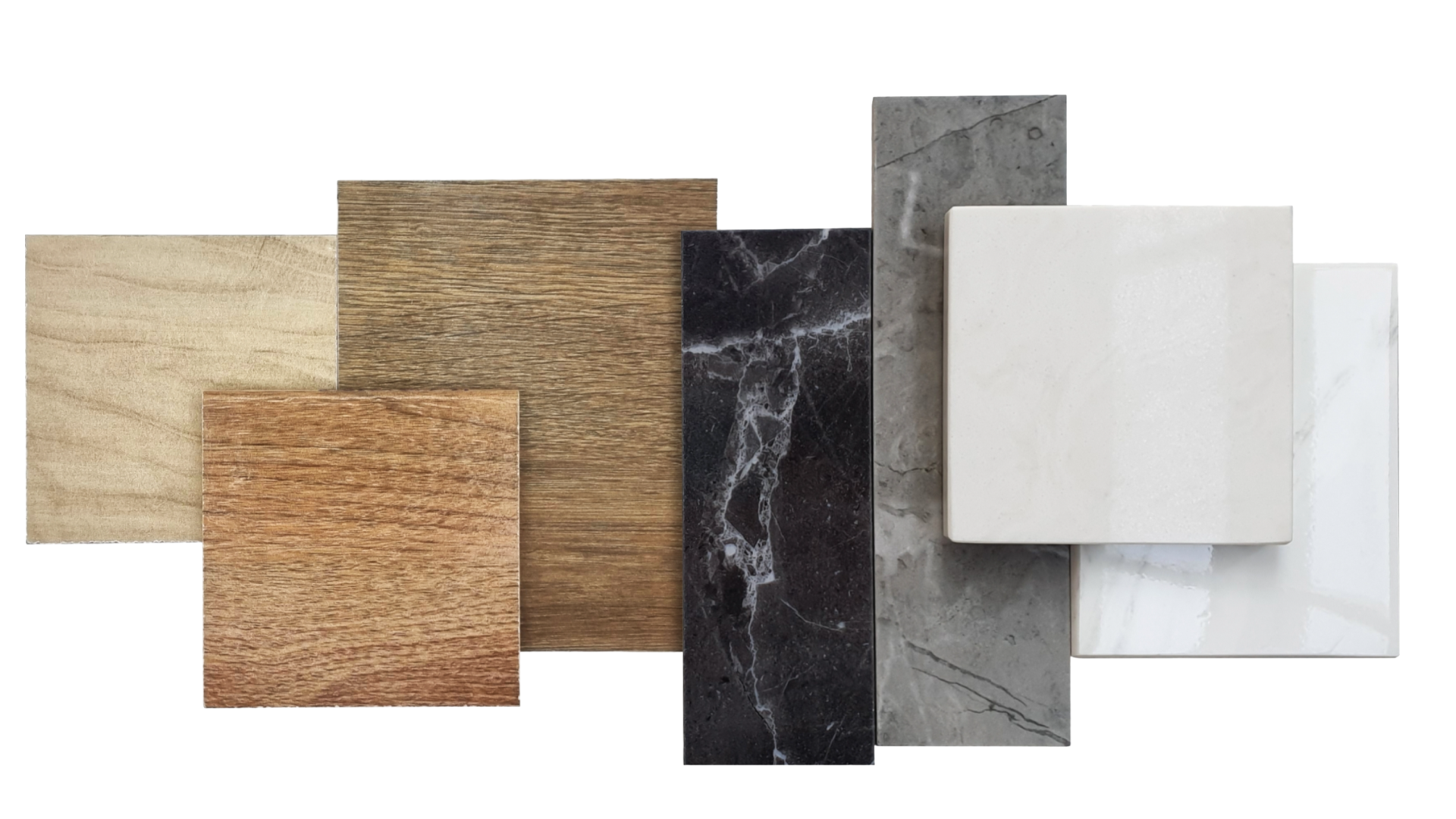 A collage of different types of wood and marble tiles on a white background.