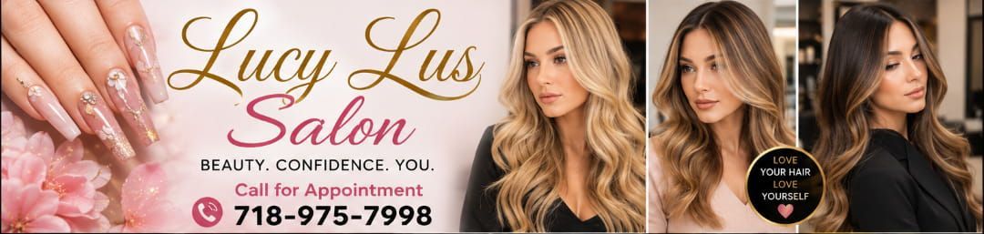 Lucy Lus Salon banner with three hairstyle photos and website and phone contact details
