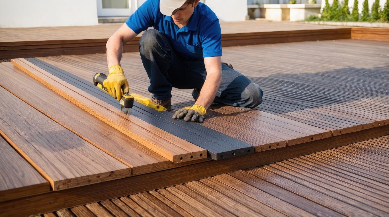 Worker using a yellow tool to install brown wooden decking beside a gray metal grate on a rooftop
