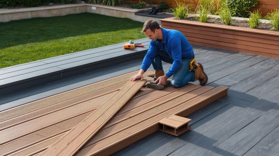 Worker installing wooden decking on a rooftop terrace