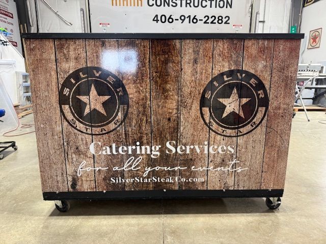 Catering service cart with wooden texture design and logo 