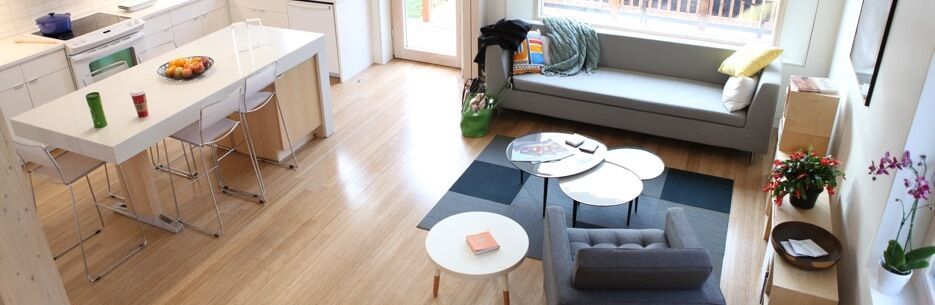 Modern living room with a kitchen island, gray couch, and round coffee tables.