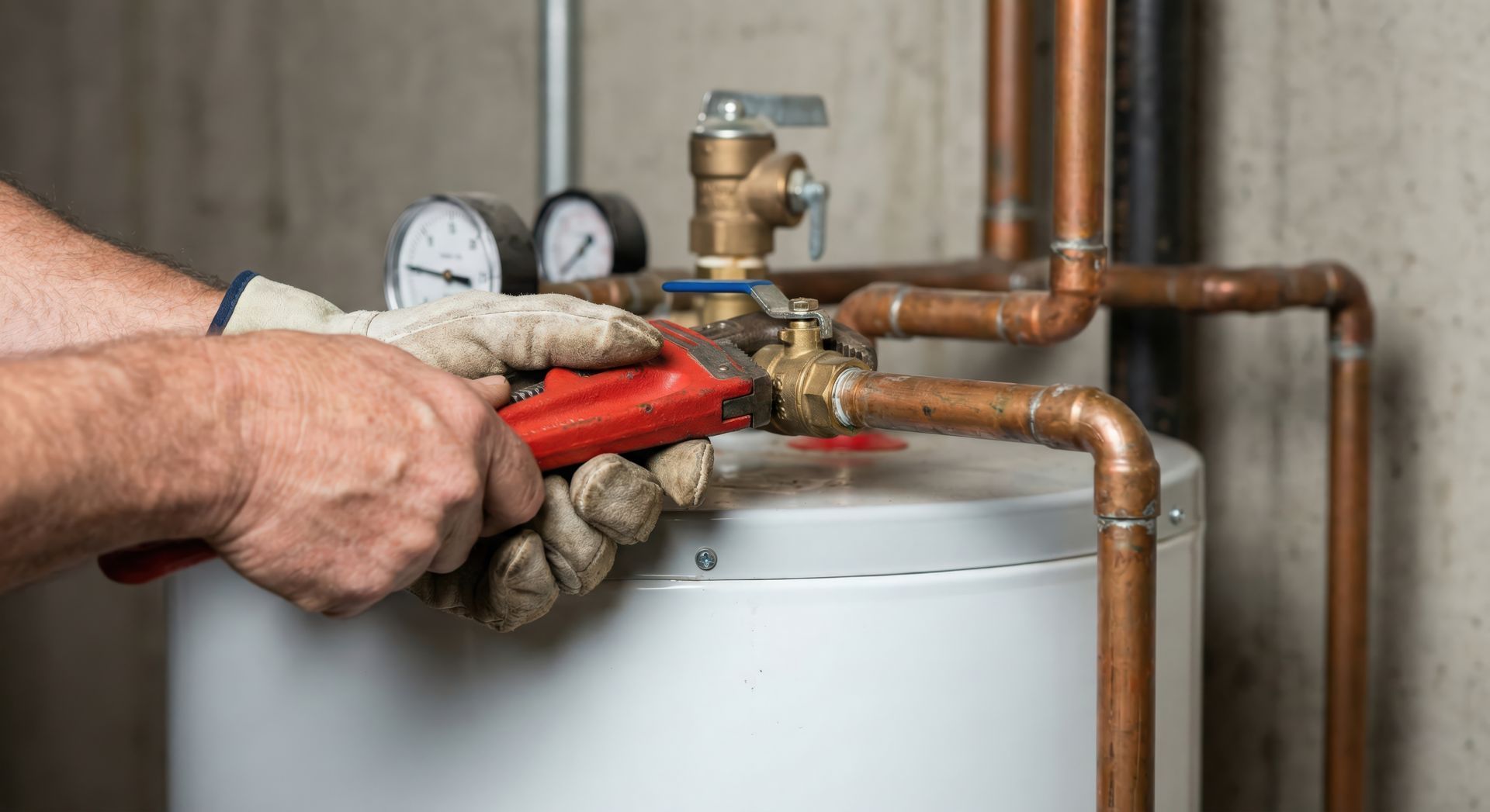Water heater repair service technician adjusting valves and inspecting tank connections. Water heater repair service technician adjusting valves and inspecting tank connections.
