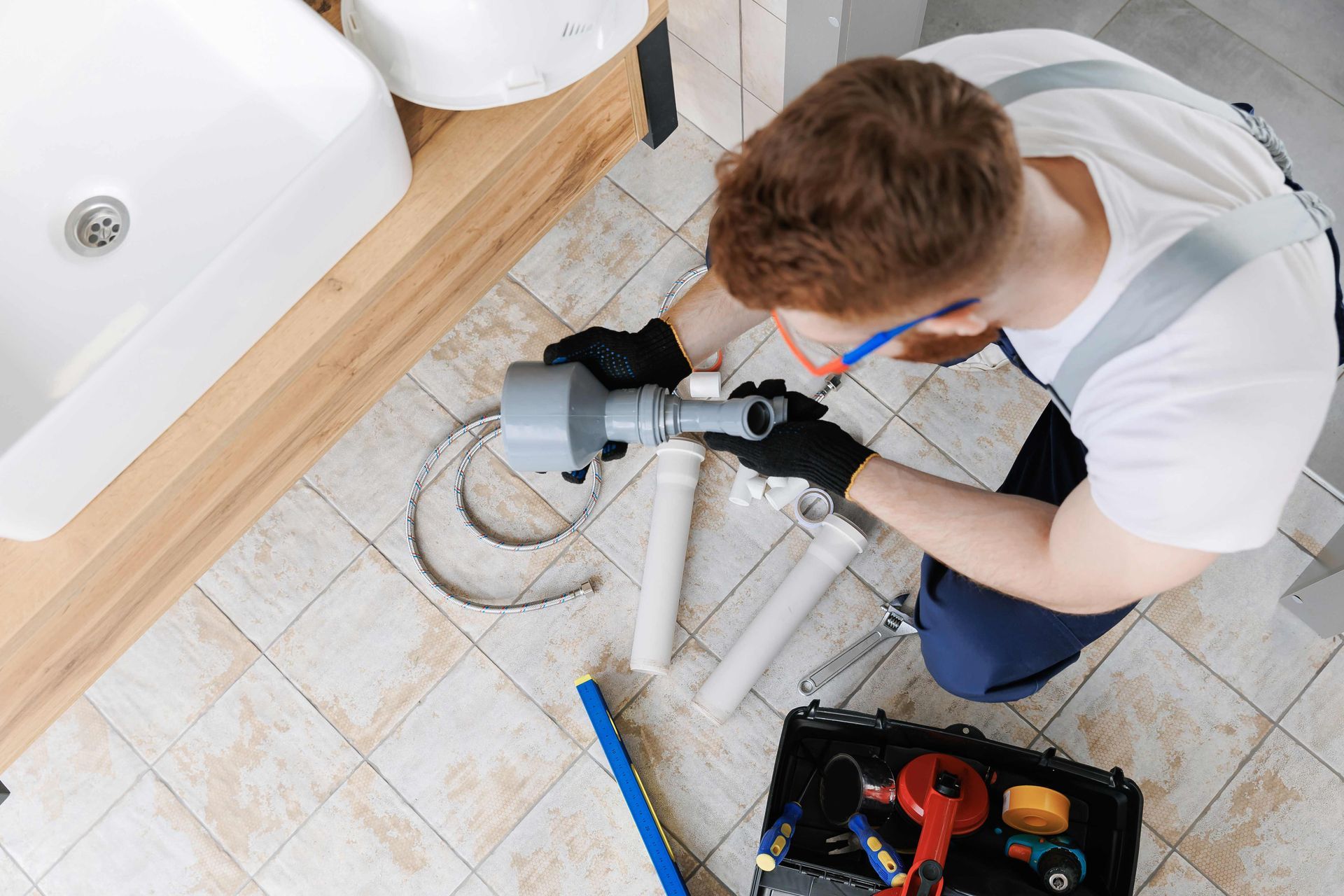 Plumber assembling pipes and fittings.
