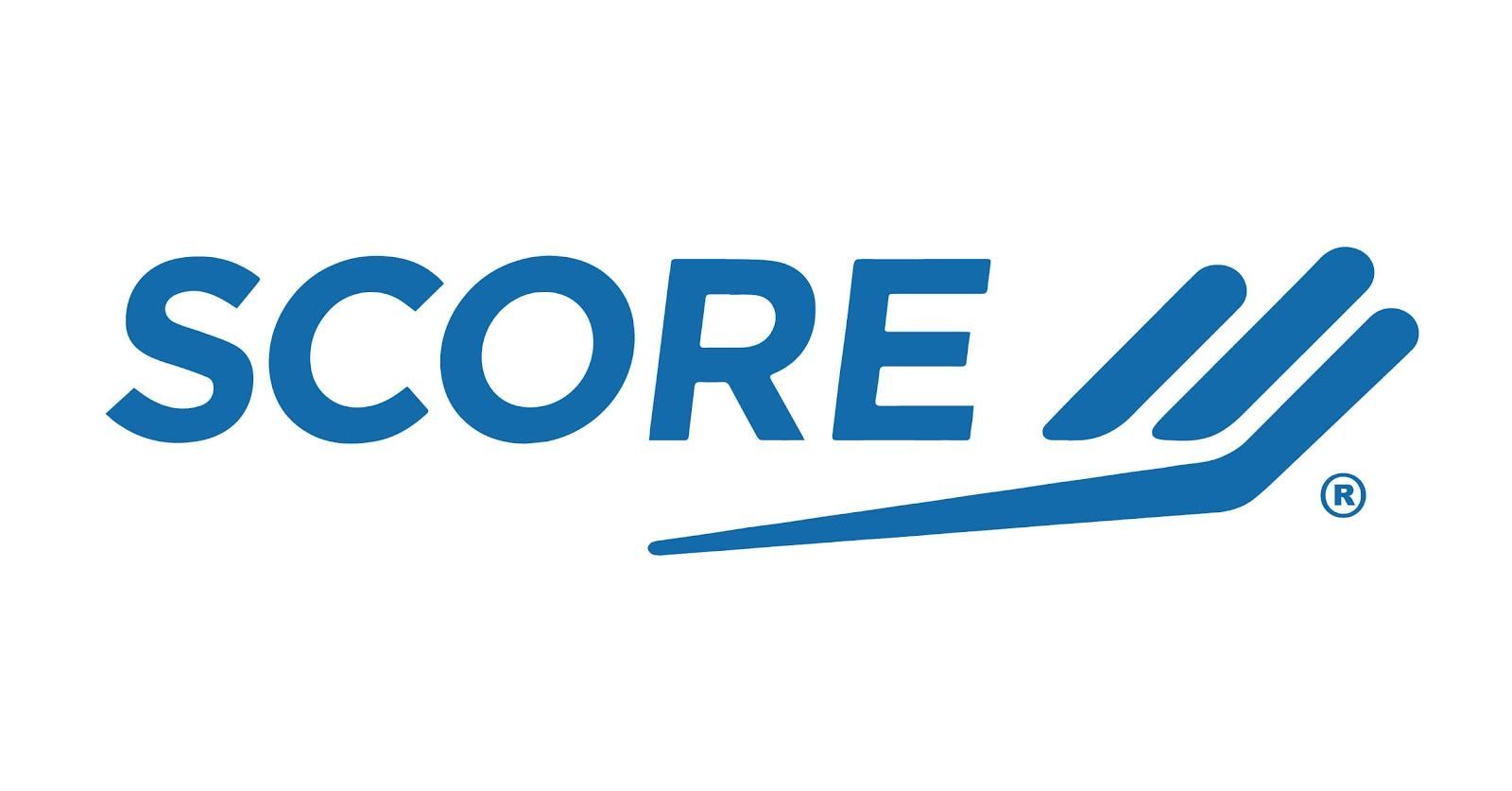 The score logo is blue and white on a white background.