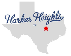 The logo for harker heights is a map of texas with a red star in the middle.