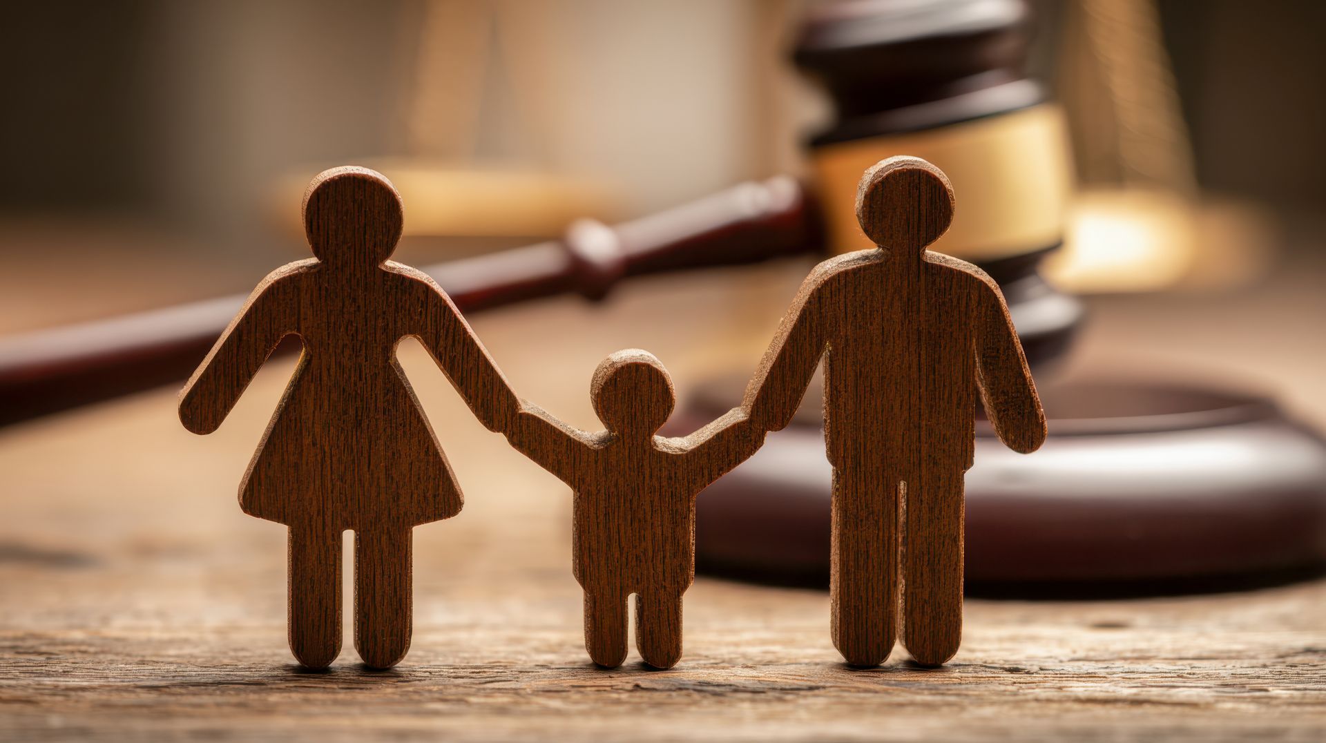 Wooden family figurines in front of a gavel, suggesting a family law or legal context.