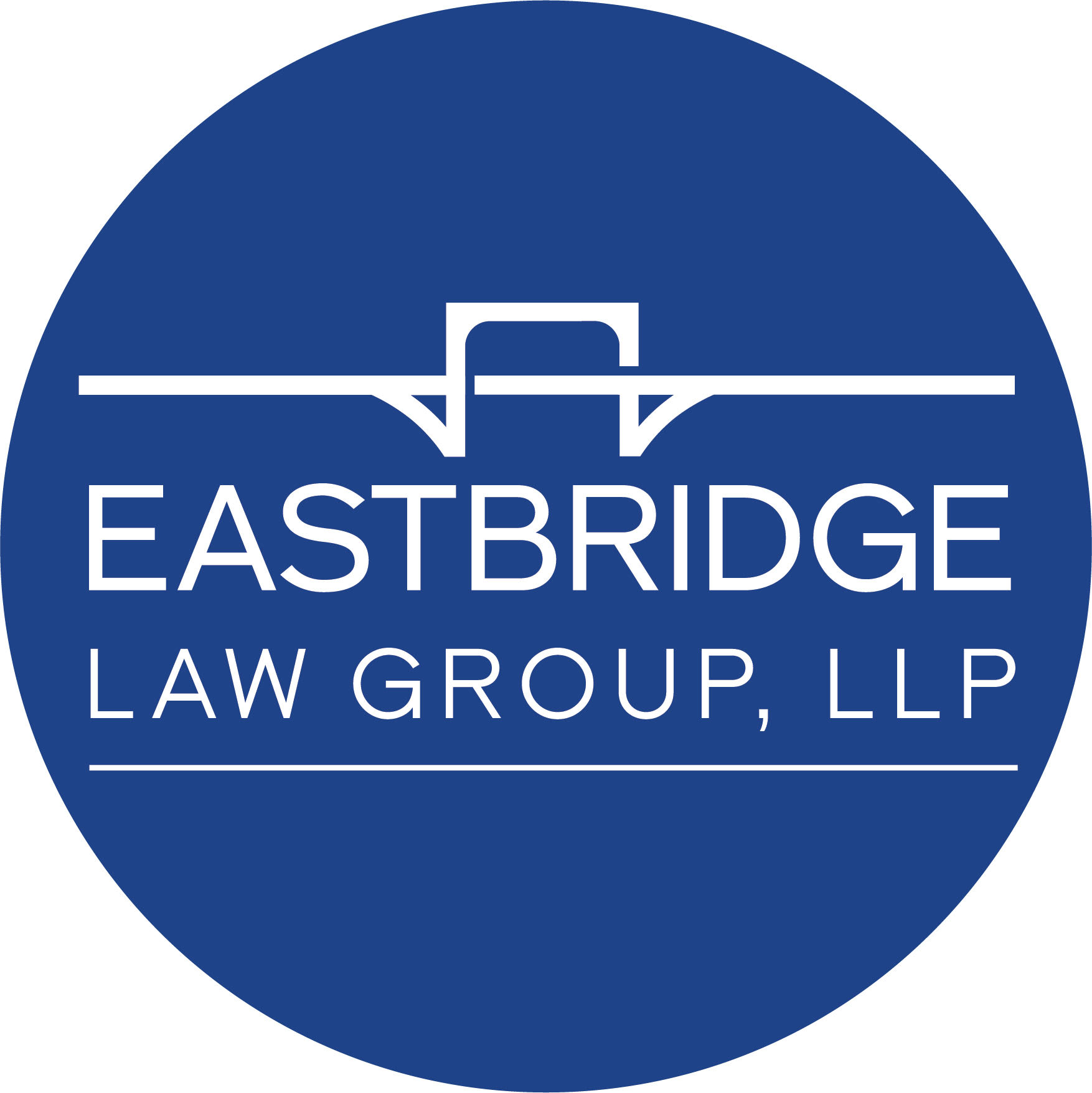 Blue circle logo: White bridge illustration above 