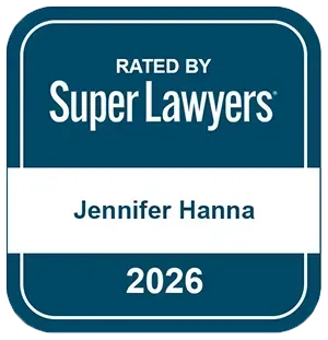Super Lawyers Rising Stars badge for Jennifer Hanna. Blue, white, and gray.