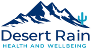 Desert Rain Health and Wellbeing logo with blue mountain graphic and cactus icon