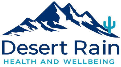 Desert Rain Health and Wellbeing logo with blue mountains and cactus icon
