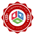 Red circular logo with “THERAPEUTIC GAME MASTER” and a central blue, red, and green hexagon icon