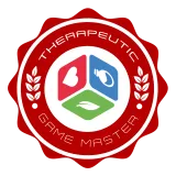 Therapeutic Game Master logo: red seal with hexagon and white text, game icons in blue, red, and green.