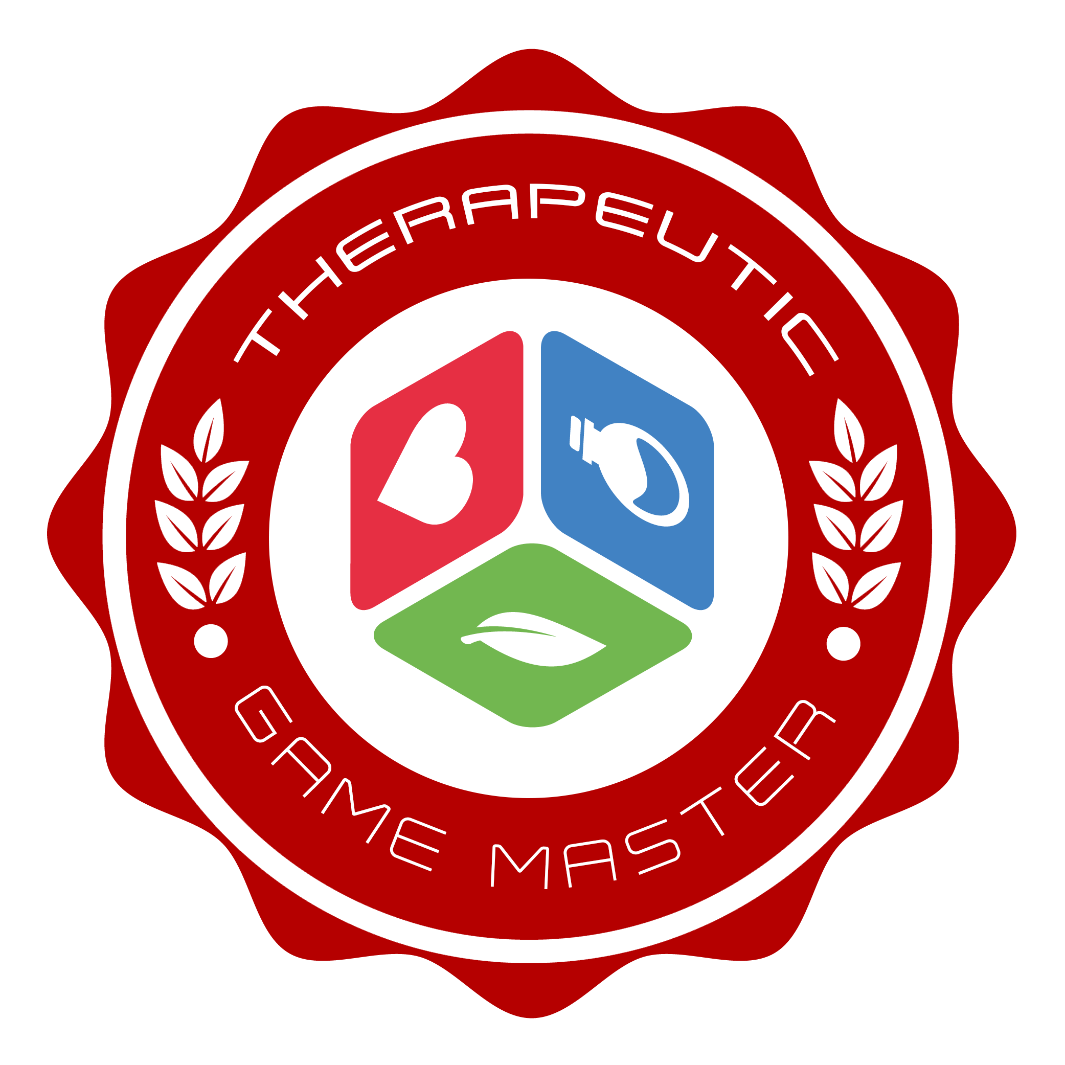 Therapeutic Game Master red circular logo with heart, dice, and leaf icons in blue, red, and green