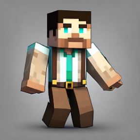 Minecraft-style blocky character in a white shirt, teal tie, and brown pants on a gray background