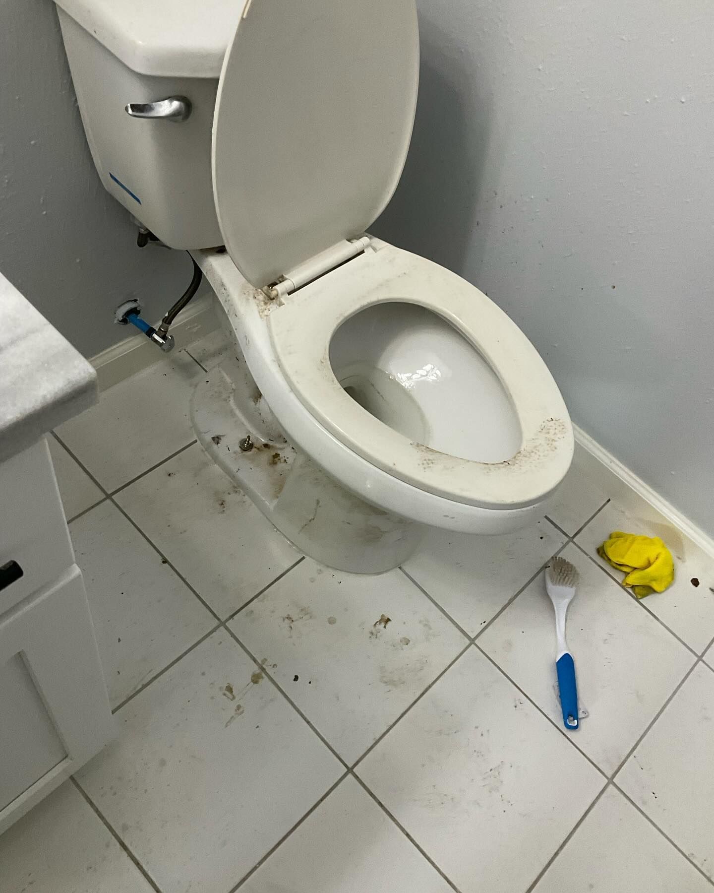A dirty toilet with the lid open in a bathroom with stained tiles and cleaning supplies.