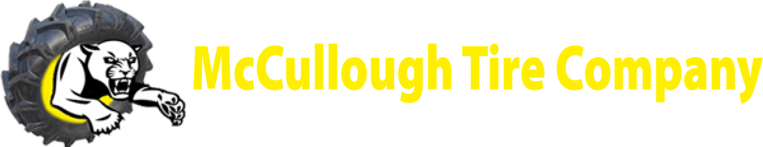 Logo for McCullough Tire Company: A white, muscular bear with tire on a yellow background and yellow text.
