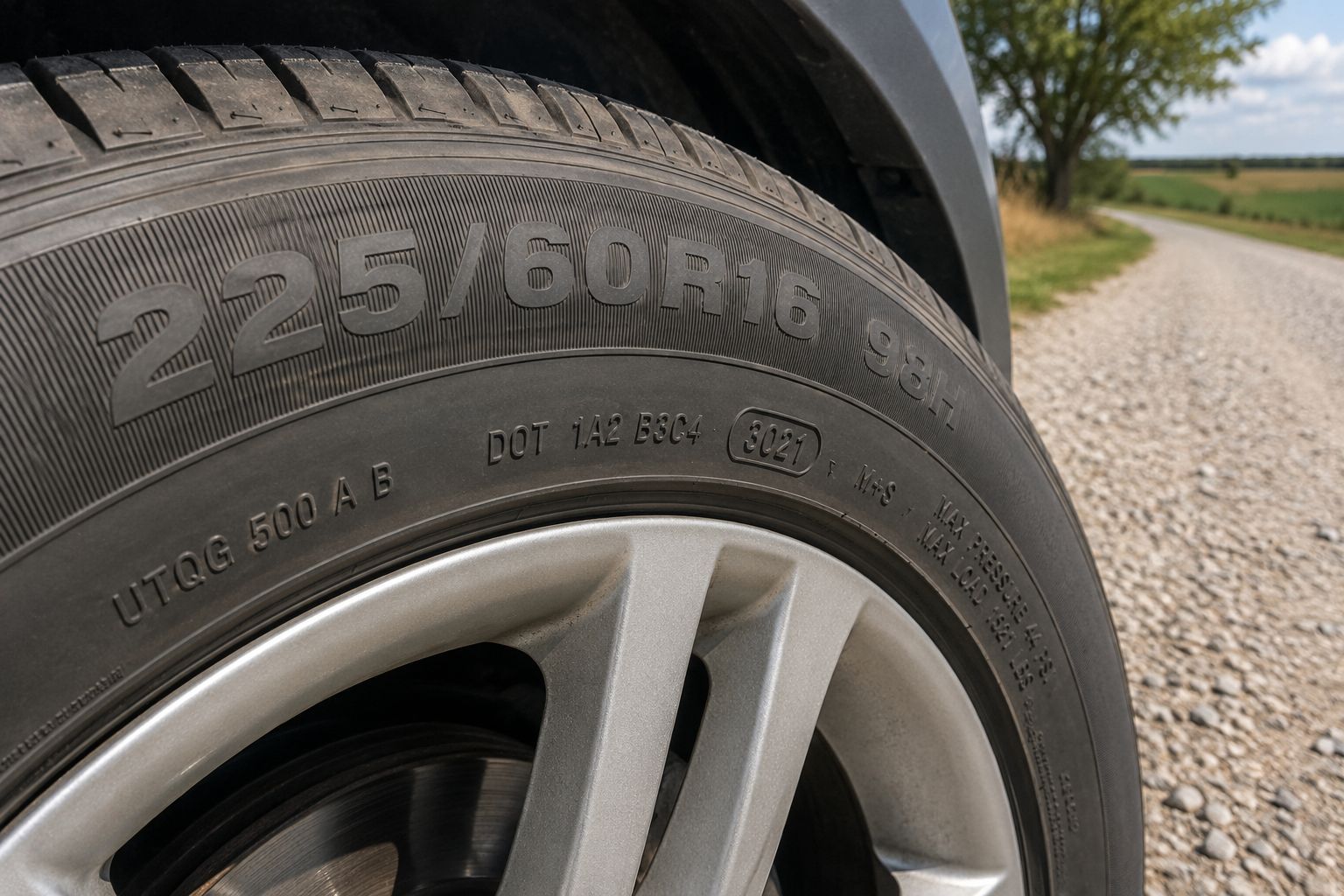 Close-up of a car tire and silver wheel parked on a gravel roadside.