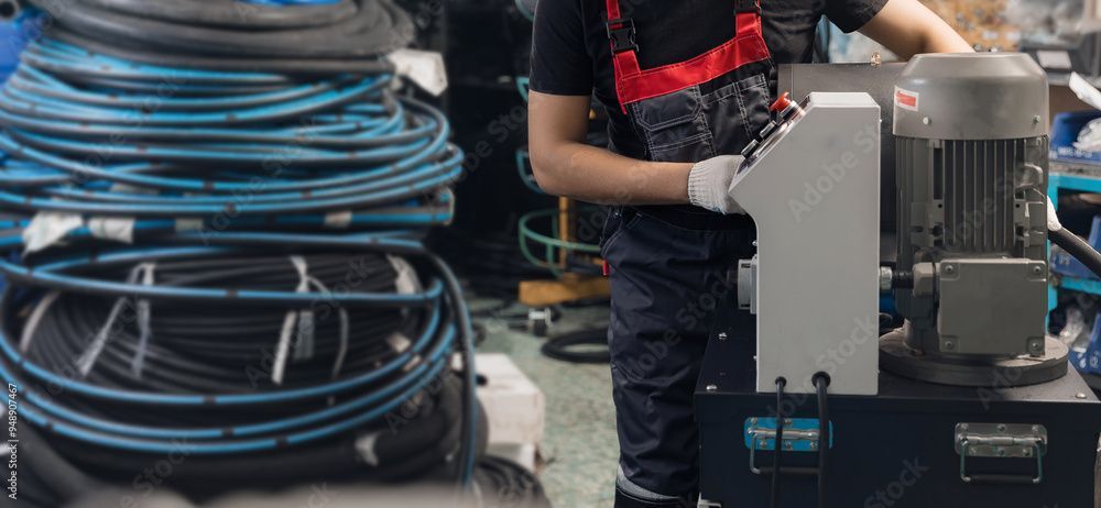 A person in work clothes operates machinery in a factory setting. Blue hoses are in the foreground.