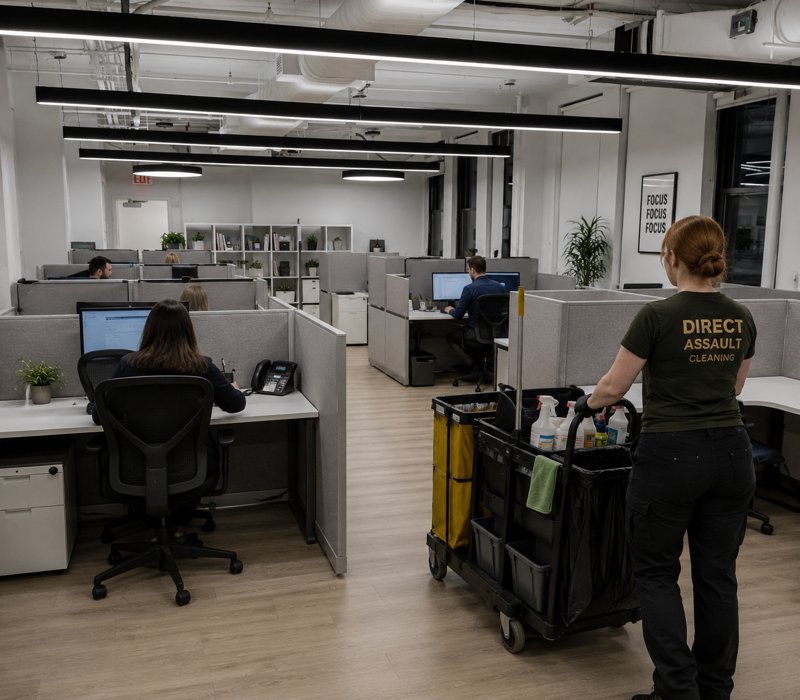 Open office with workers at cubicles, one pushing a cleaning cart through the aisle.