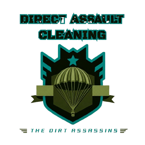 Direct Assault Cleaning logo with teal and black shield, parachute emblem, and “The Dirt Assassins” text