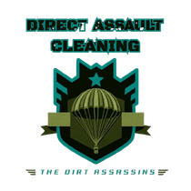 Direct Assault Cleaning logo with teal and black shield, parachute emblem, and “The Dirt Assassins” text