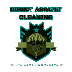 Direct Assault Cleaning logo with teal and black shield, parachute emblem, and “The Dirt Assassins” text