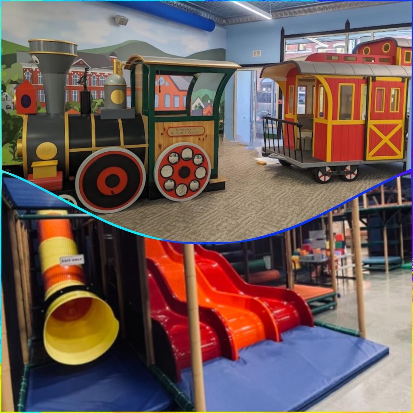Colorful indoor play area with a train-themed play structure and bright red slides