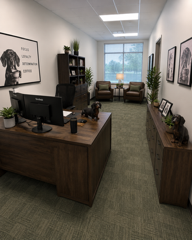 Modern office reception area with wood desks, green carpet, seating area, and wall art by a large window