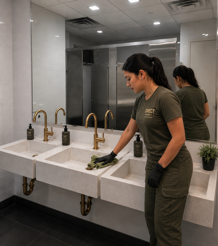 Person cleaning a modern public restroom sink with a cloth, beside brass faucets and a mirror.