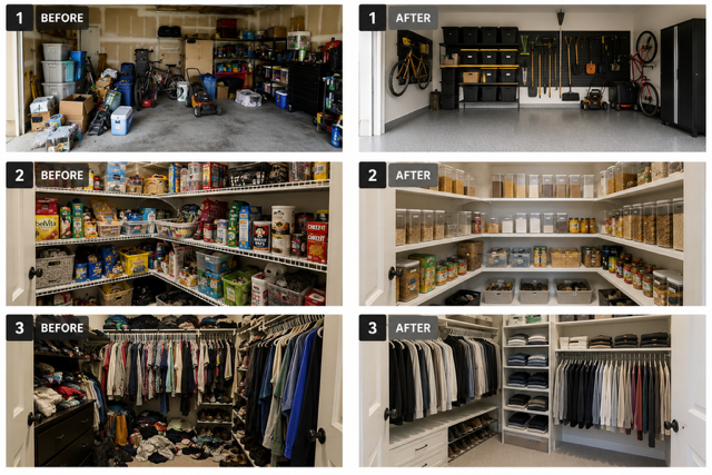 Before-and-after collage of organized garage, pantry, and closet storage areas with shelves and labeled bins
