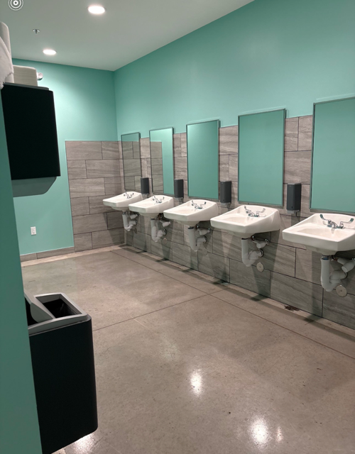 Empty modern restroom with teal walls, row of white sinks, and stalls with mint privacy panels