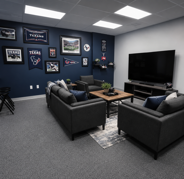 Modern lounge with gray sofas, wall-mounted TV, and Texas sports decor on dark blue walls.