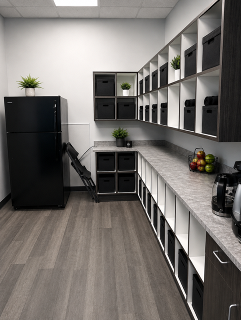 Small office break room with black cabinets, white counters, and potted plants