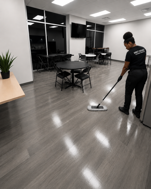 Person mopping a glossy office floor in a modern break room with tables and chairs.