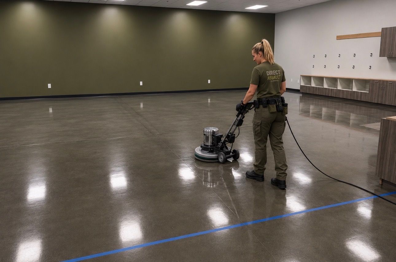 Person using a floor polisher in a large empty room with polished concrete floors.