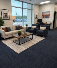 Modern office lobby with sofa, chairs, coffee table, and large window seating area