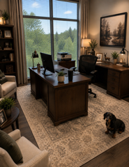 Cozy home office with large window, wooden desk, and a small dog on the rug.