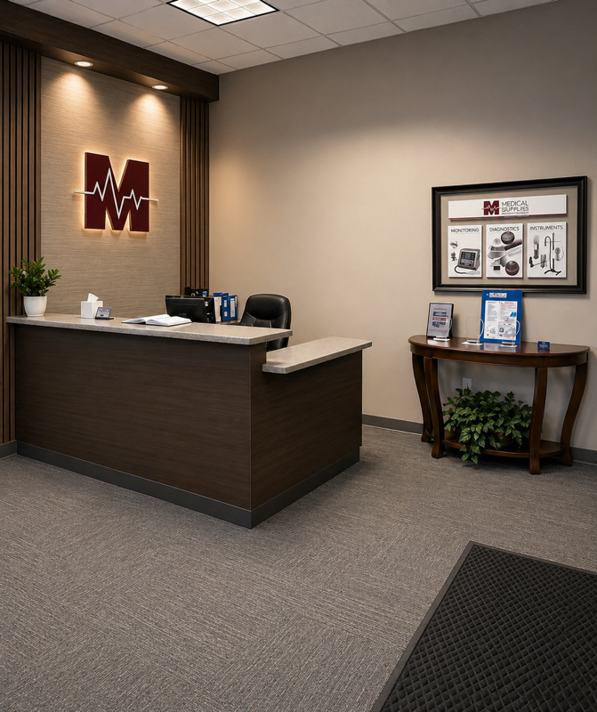 Modern office reception area with brown desk, framed wall art, and small table with plants and brochures.