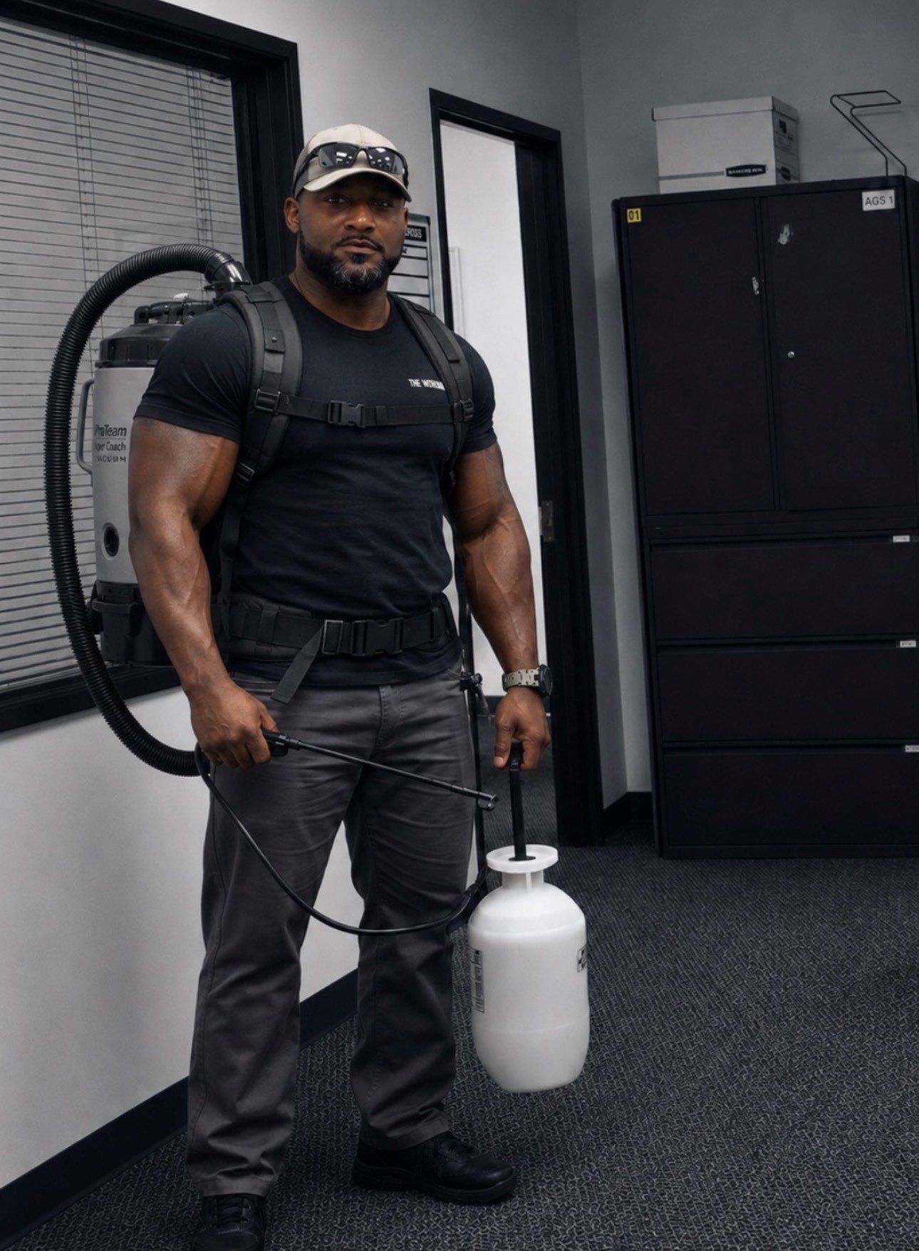 Man standing indoors holding a white canister by a black cable, near lockers and a doorway.