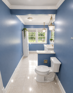 Blue bathroom with white tile floor, toilet, vanity, window, and hanging light fixture