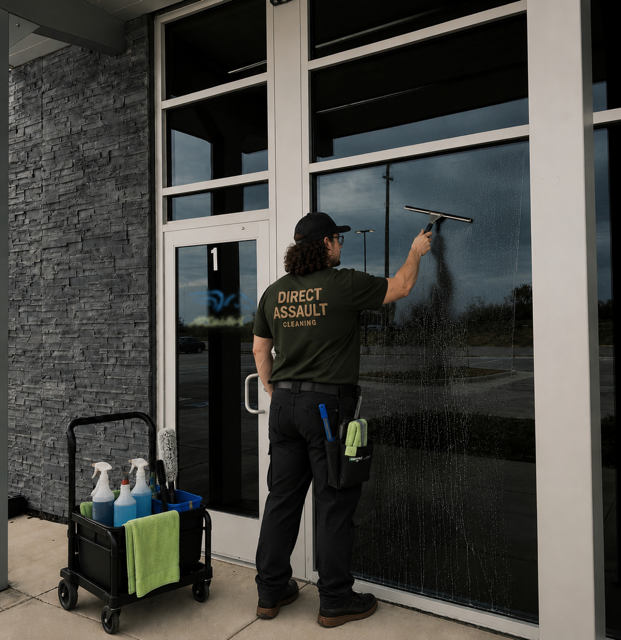 Worker cleaning a glass storefront door with a squeegee beside a janitorial cart