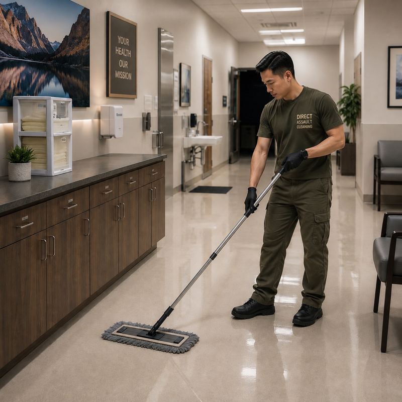 Worker mopping a polished hallway floor in an office or clinic corridor.