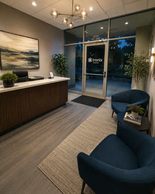 Modern office lobby with reception desk, blue chairs, plants, and glass entrance doors