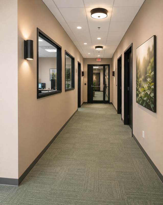 Office hallway with beige walls, green carpet, framed art, and windows along the corridor.