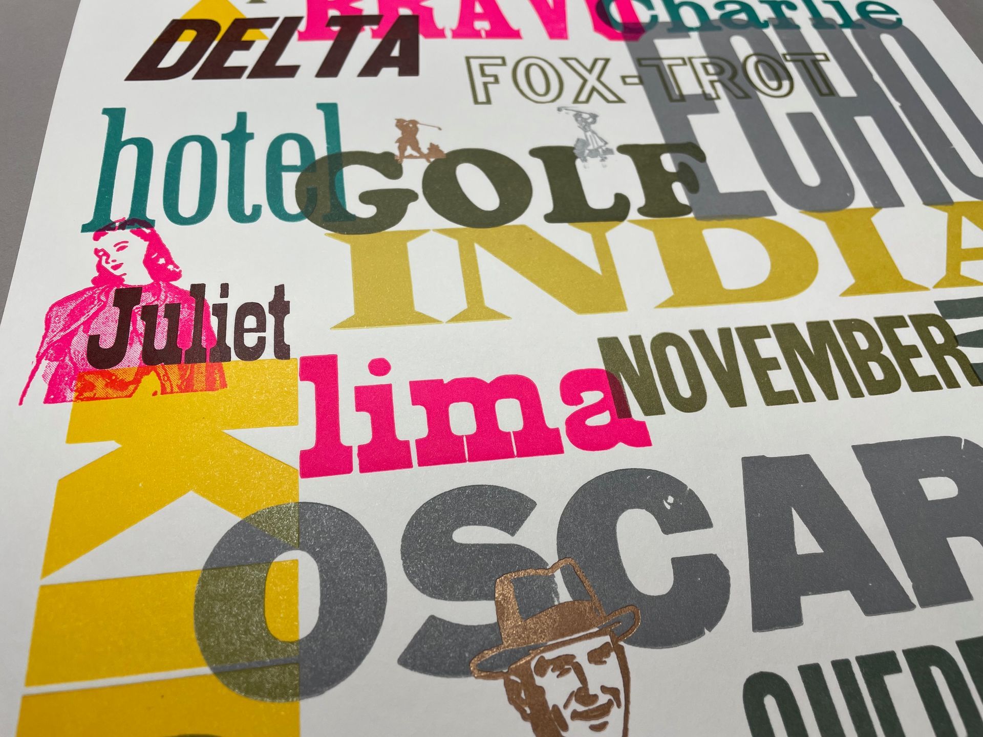 Colorful collage of travel magazine words, including Delhi, hotel, Lima, and Oscar.