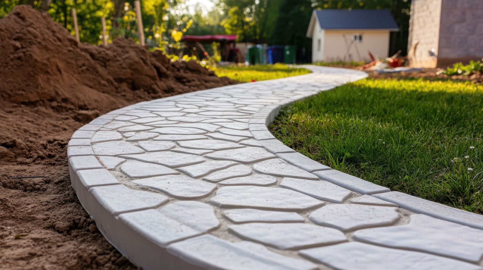 Curved white stone walkway under construction beside grass and dirt piles Curved white stone walkway under construction beside grass and dirt piles