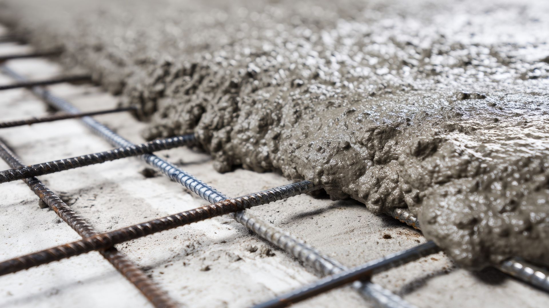 Fresh concrete poured over a steel reinforcement grid in a construction setting