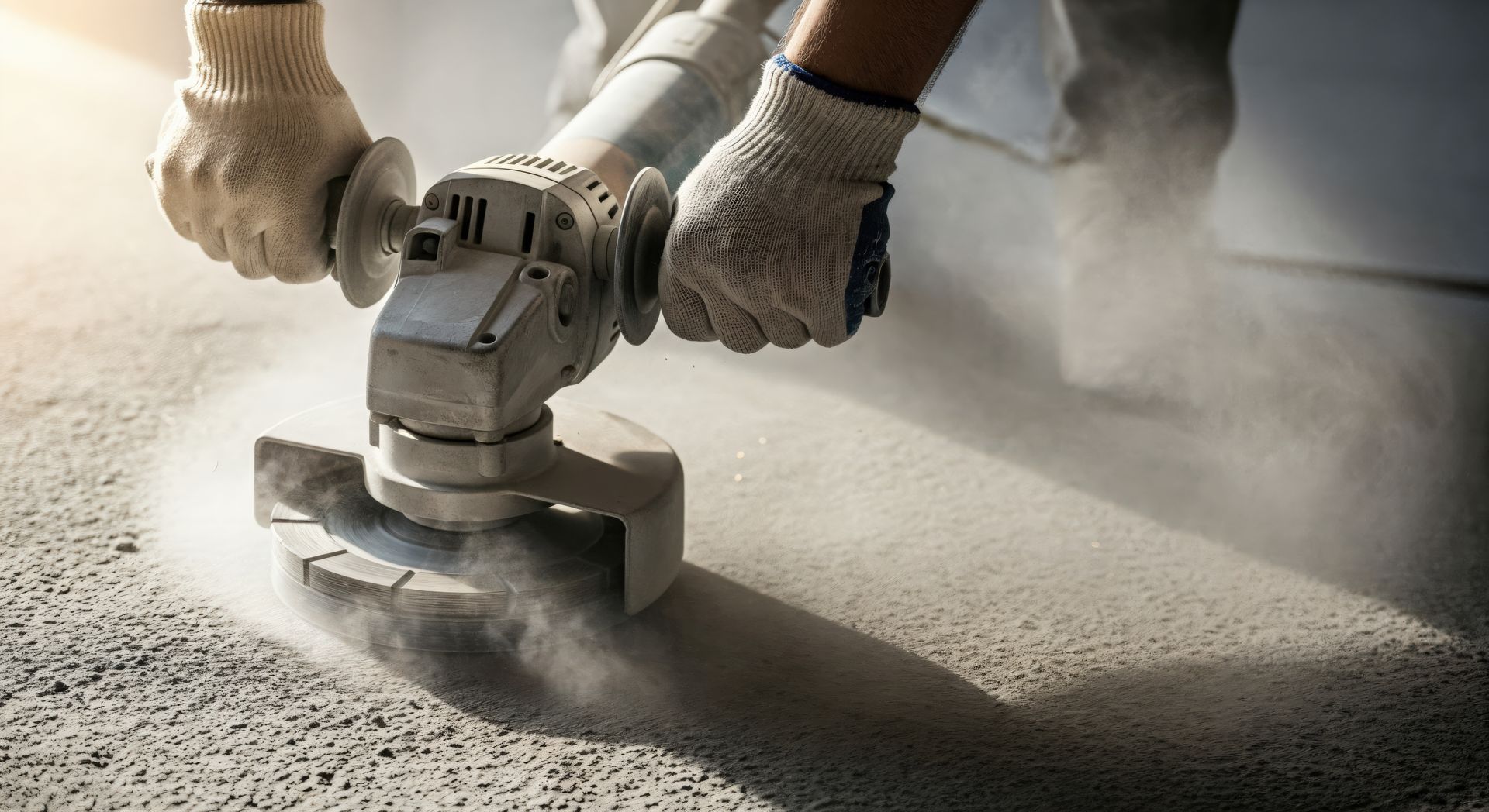 Gloved hands using an angle grinder to smooth concrete, with dust rising around the tool. Gloved hands using an angle grinder to smooth concrete, with dust rising around the tool.